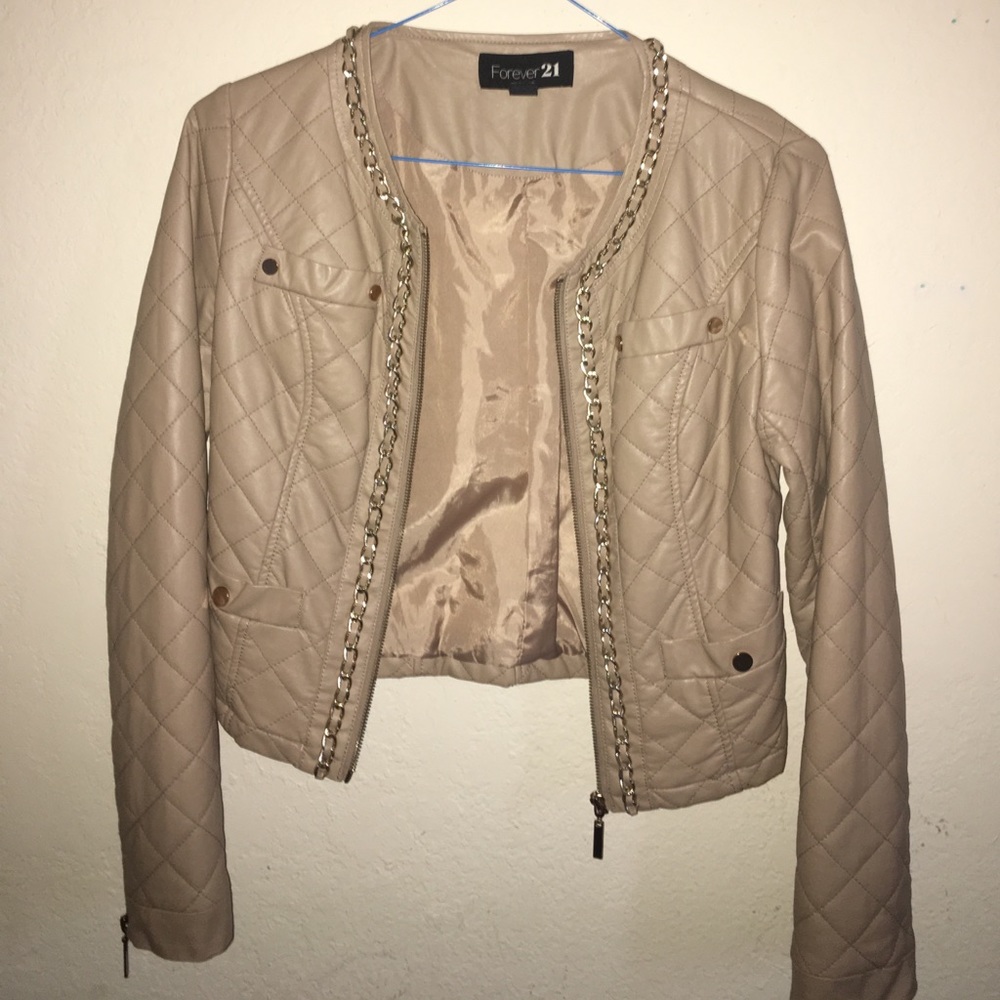 Beige faux leather jacket with gold chains