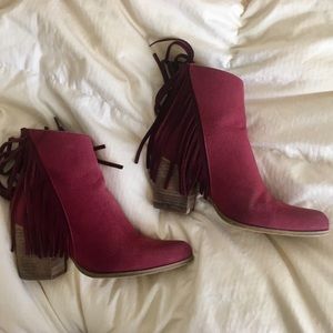Boutique Fringe Suede Cranberry Heeled Booties