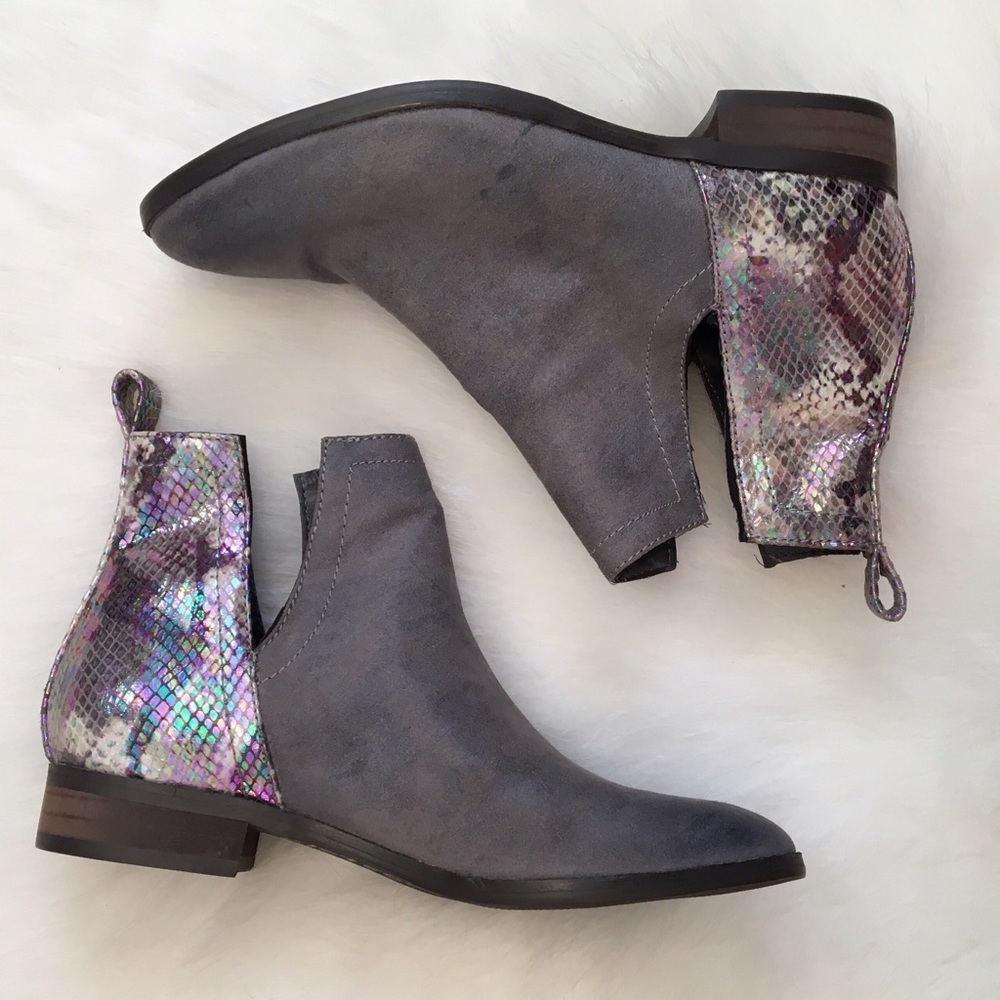 NWOT grey suede and iridescent snake booties