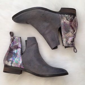 NWOT grey suede and iridescent snake booties