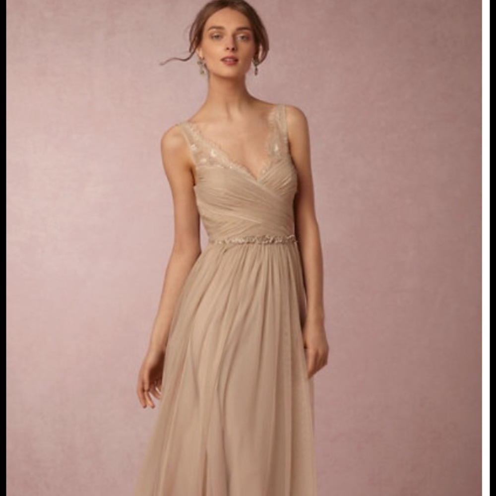 BHLDN hitherto sand, maxi, mesh bridesmaid dress