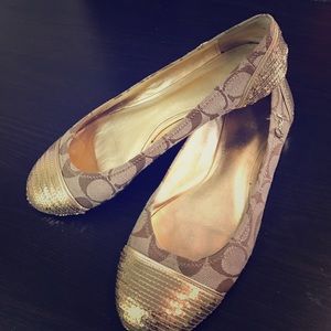 Brown and Gold Sequin Coach Flats