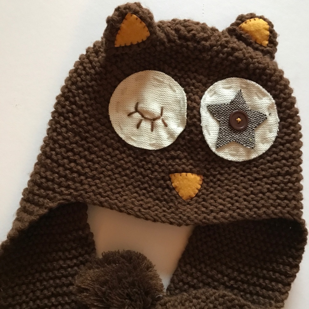 Patchwork Knit Owl Hat with Pom Poms