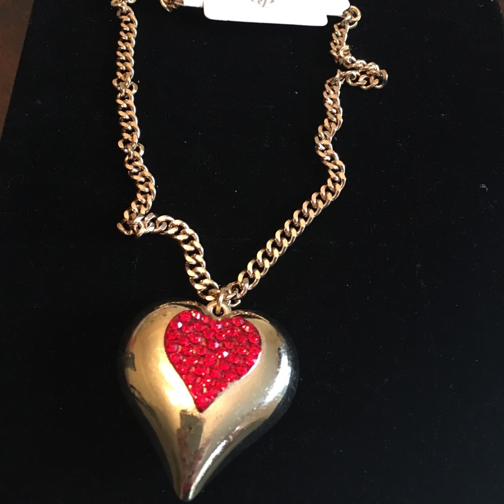New heart pendant gold tone necklace, red crystals Valentines