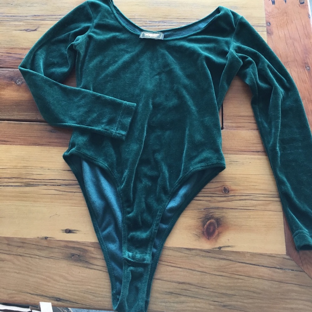 Vtg 90s FREE PEOPLE Forest Green Velour Bodysuit M