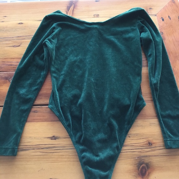 Vtg 90s FREE PEOPLE Forest Green Velour Bodysuit M - Picture 2 of 4