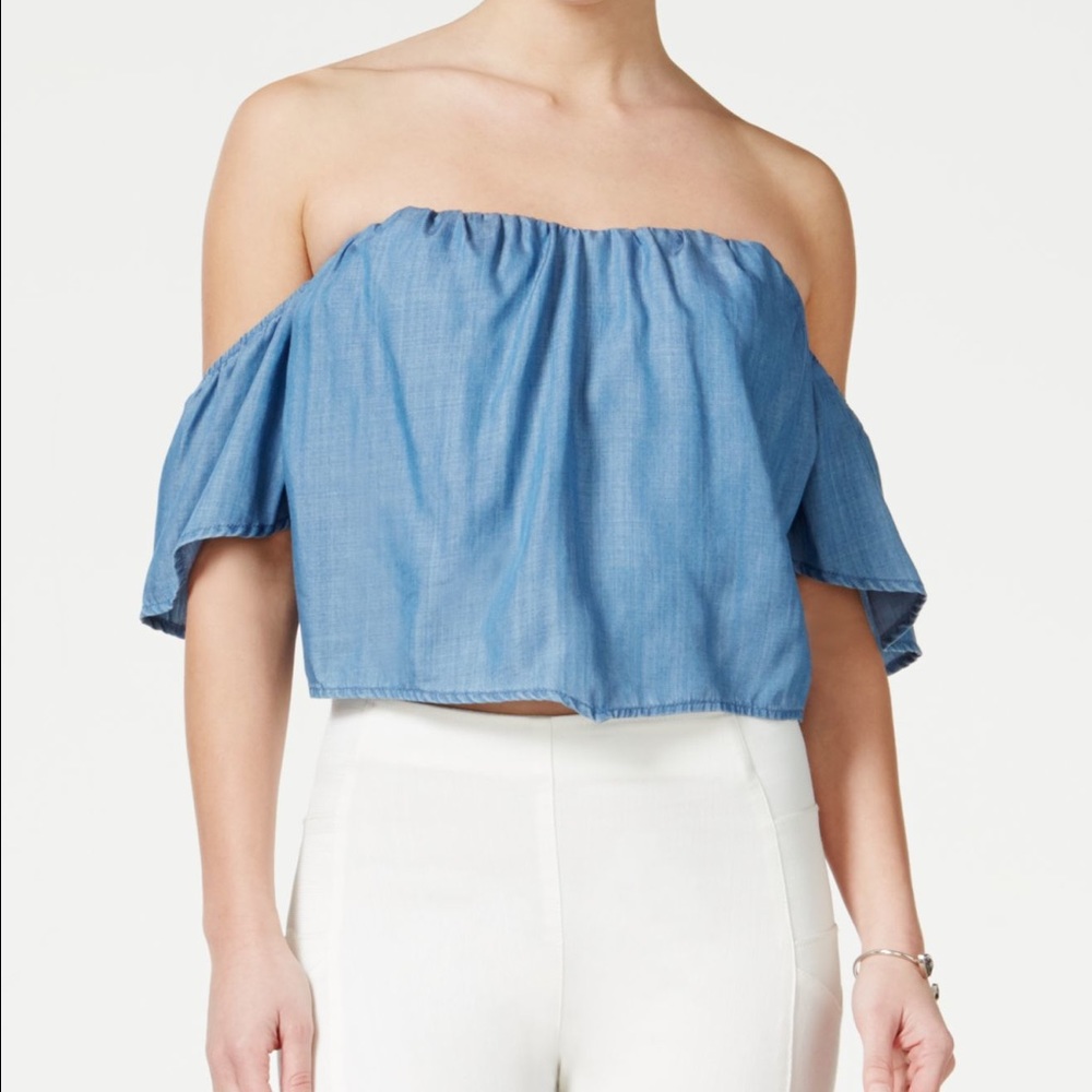GUESS Denim Off-the-shoulder Corset Crop Top