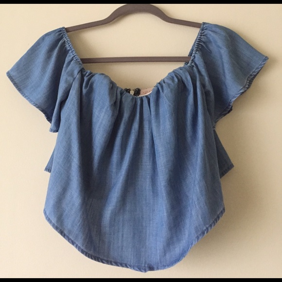 GUESS Denim Off-the-shoulder Corset Crop Top - Picture 3 of 7