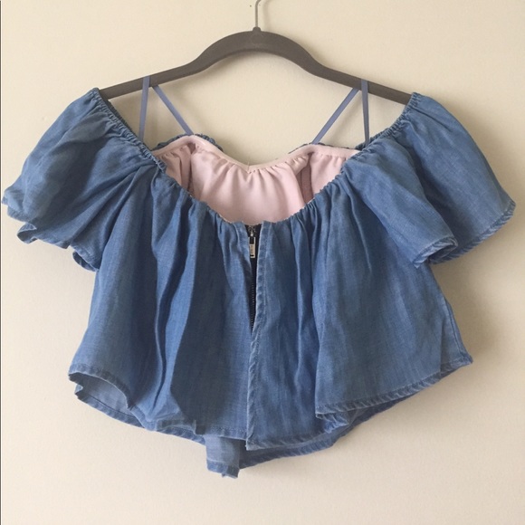 GUESS Denim Off-the-shoulder Corset Crop Top - Picture 7 of 7