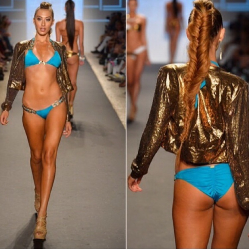 Beach Bunny Blue Swimsuit with gold hardware