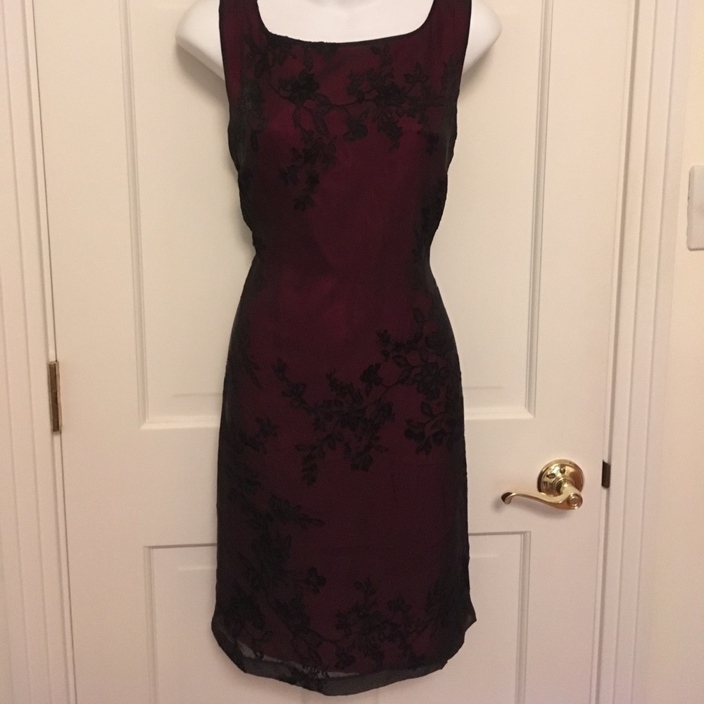 Express red silk under black burnout dress