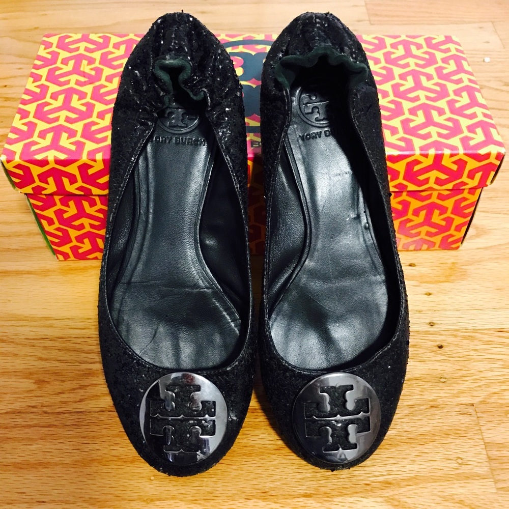 Tory Burch black glitter reva flats sz 7.5