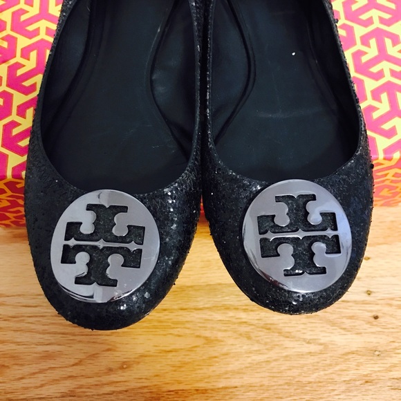 Tory Burch black glitter reva flats sz 7.5 - Picture 4 of 4