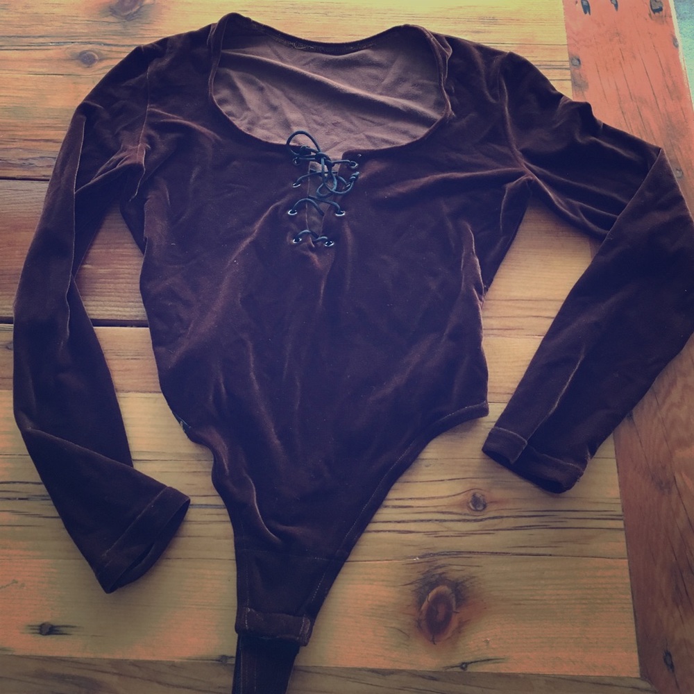 Vtg 90s brown velour bodysuit tie front vintage S