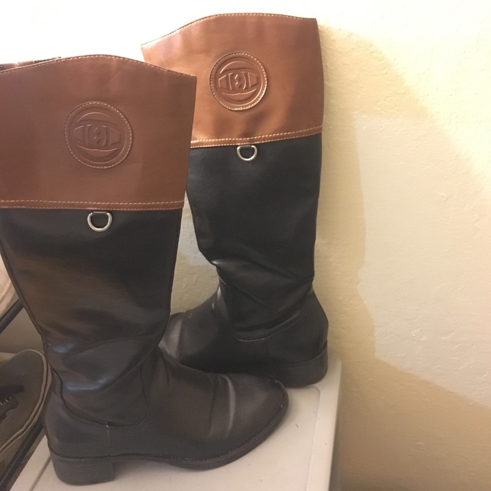 Black/brown rain boots. Etienne Aigner. Size 7.5