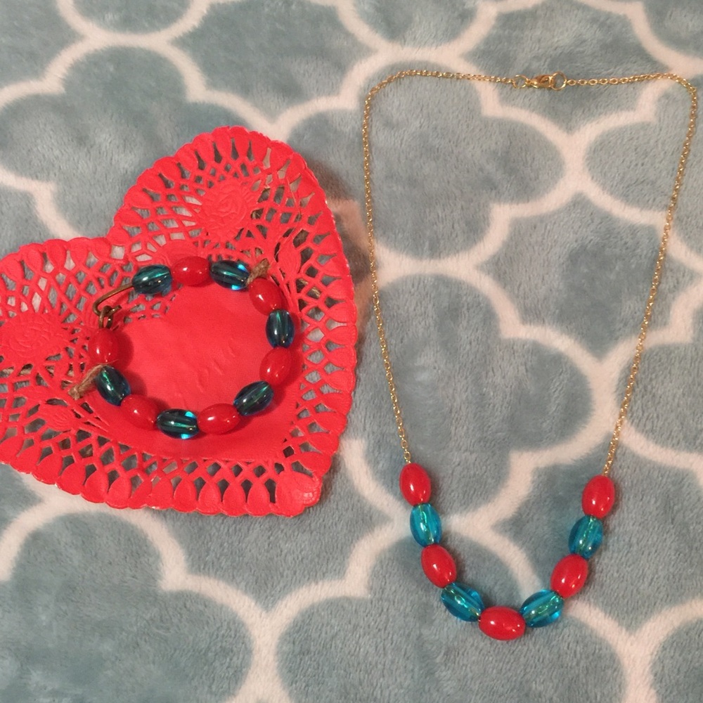 22" Gold Tone Necklace with Red & Blue Beads