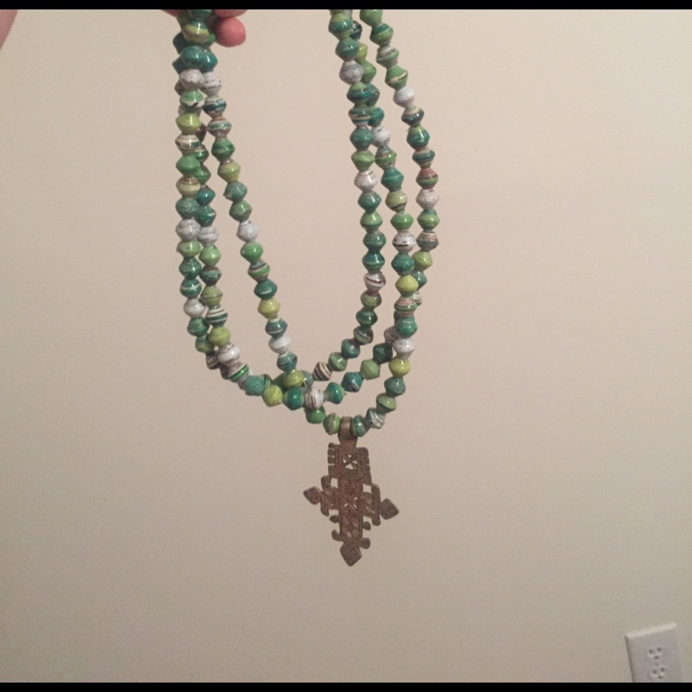 green beaded cross necklace