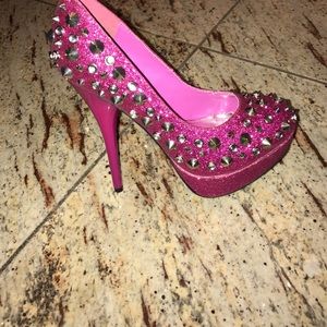 Hot pink studded glitter heels