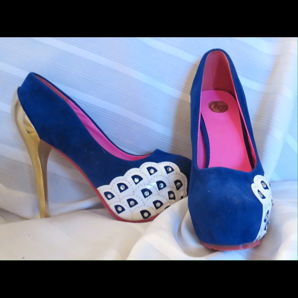 Sexy Sizzling Blue Platform Bling Gold Heels Sz 4