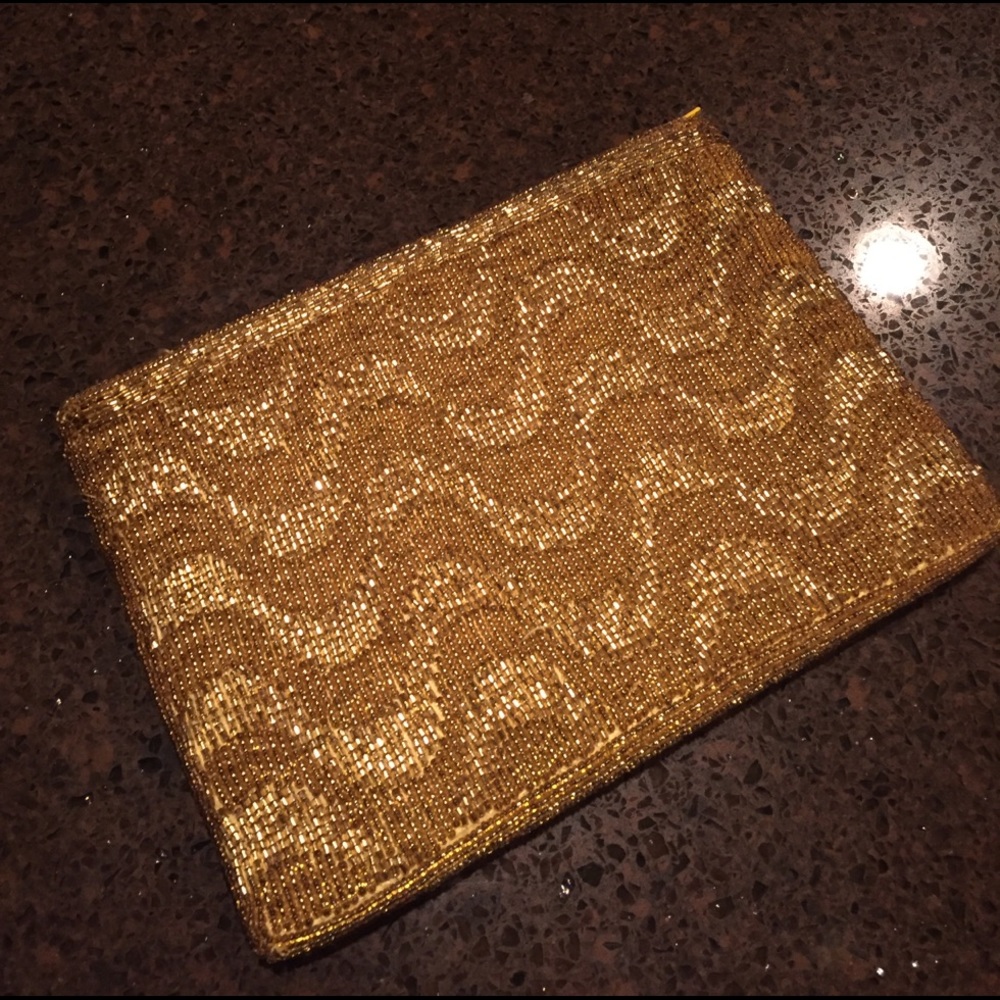 VINTAGE GOLD GLASS BEADED SWIRL EVENING BAG CLITCH