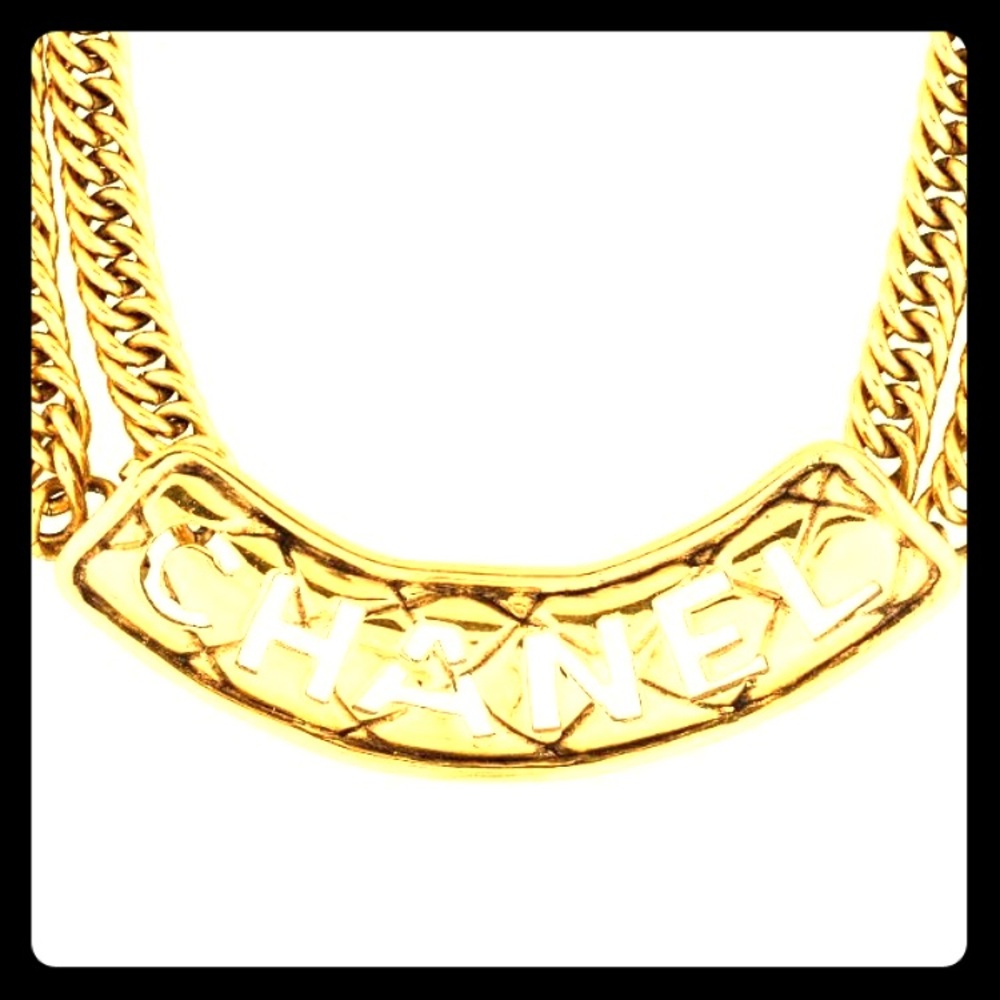 Chanel Gold Name Plate Necklace, see on Rihanna