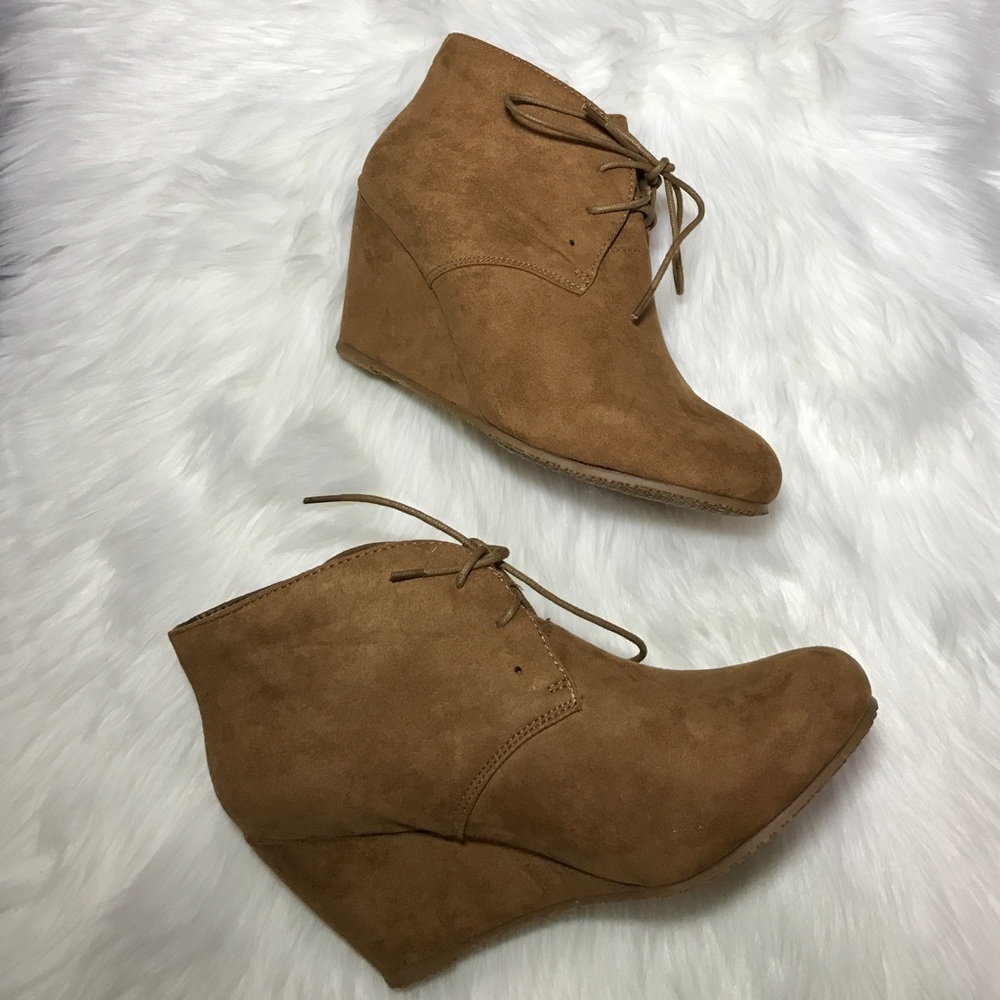 Camel Almond Toe Lace Up Wedge Ankle Booties - Picture 3 of 4