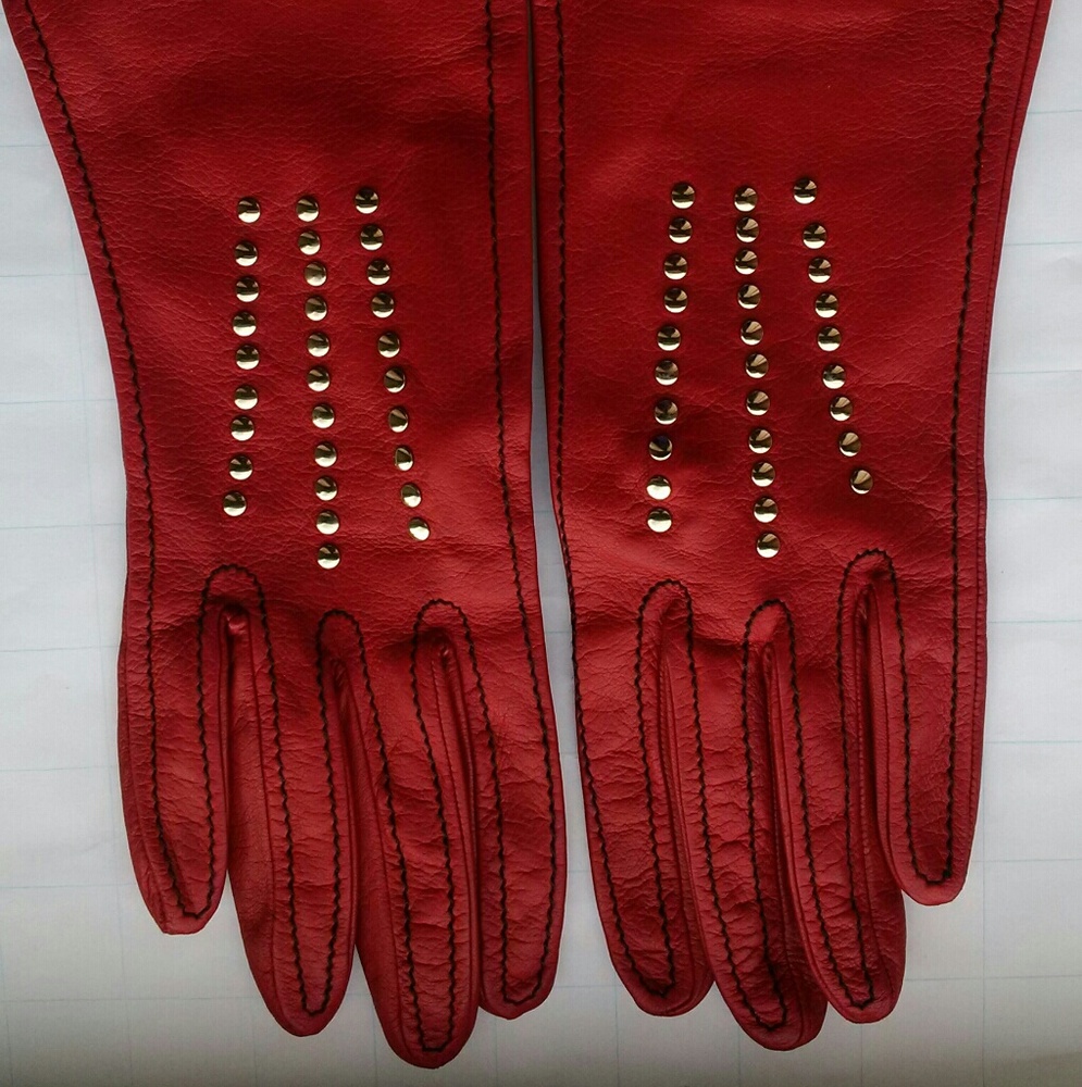 Dooney Leather Studded Gloves MED - RED / SILVER