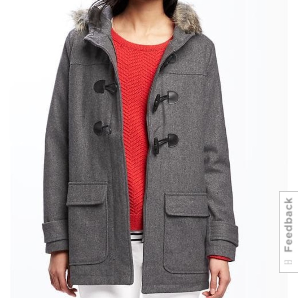 Old Navy gray toggle jacket- hooded with fur trim