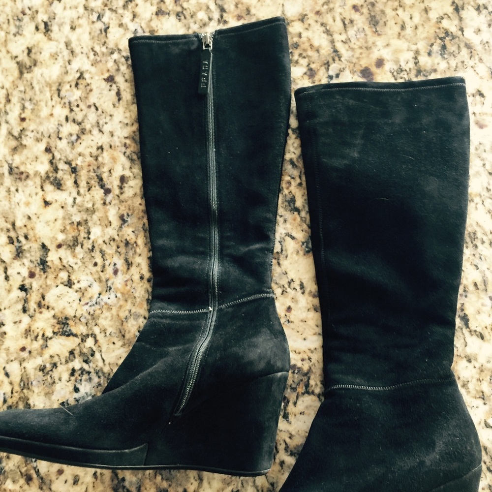 Prada Suade Wedge Knee High Boots