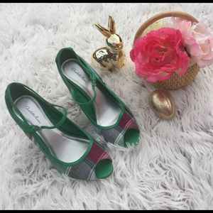 Charlotte Russe green plaid open-toe pumps.