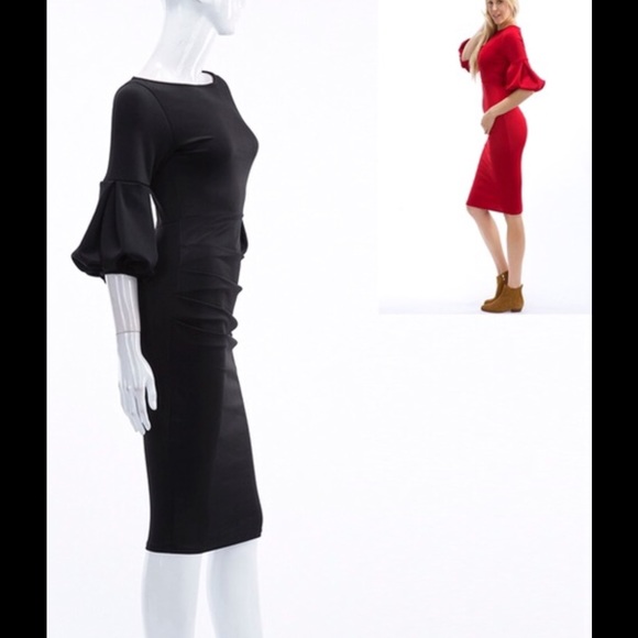 Scuba Bodycon Black Dress with Sleeve Detail - Picture 2 of 3