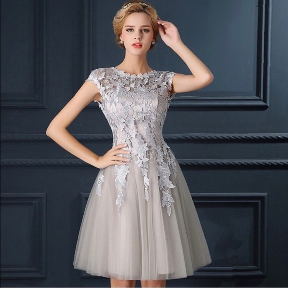 Silver Floral Lace Homecoming Dress