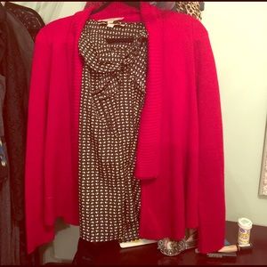LOFT Sweaters - Red Loft cardigan and black pattern ruffle shell LOFT Sweaters - Red Loft cardigan and black pattern ruffle shell