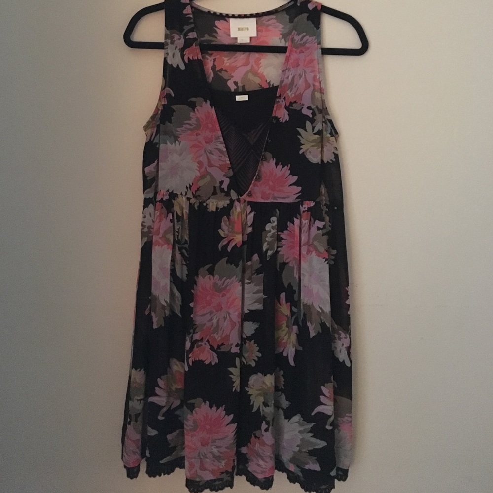 Maeve sleeveless black floral babydoll dress.