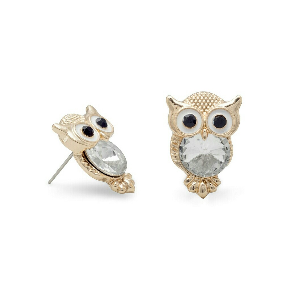 Crystal and Gold Owl Post Earrings
