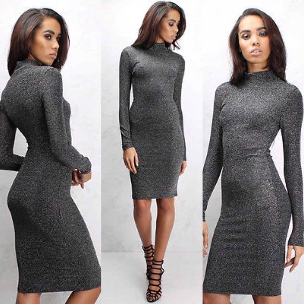 New Black and Silver High Neck Lurex Midi Dress