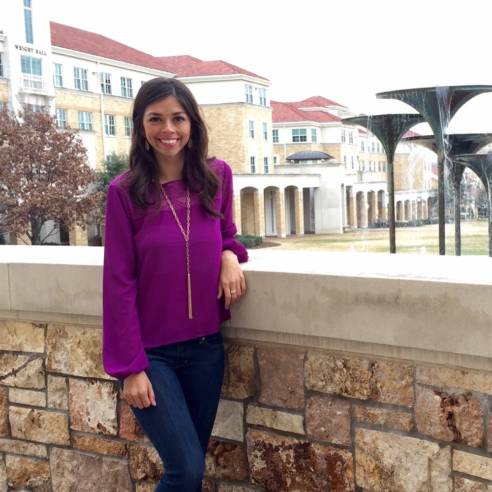 Purple long sleeve top with Aztec print accent