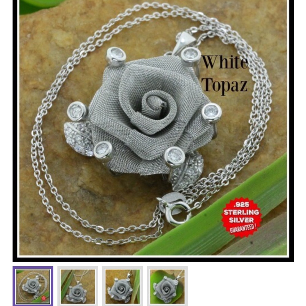 925 SS Genuine White Topaz Mash Rose Necklace - Picture 2 of 3