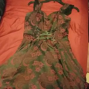 Red and Black Brocade Lace-Up Dress