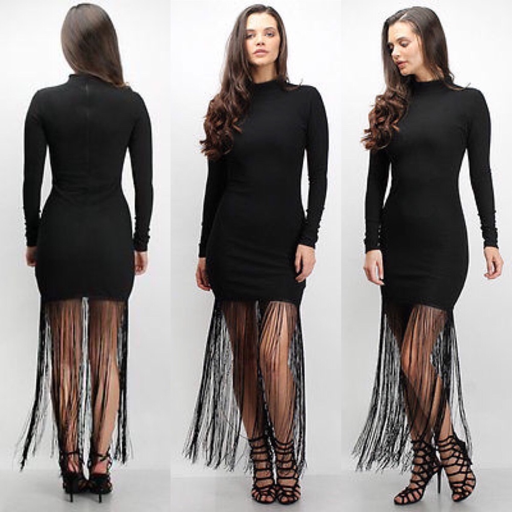 Brand New Black Fringe Detail Maxi Dress.