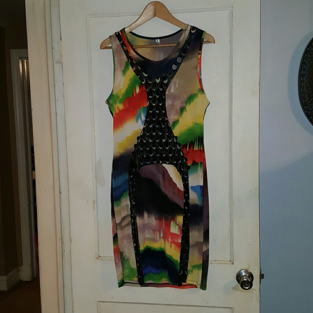Multi colored sleeveless dress w/faux leather