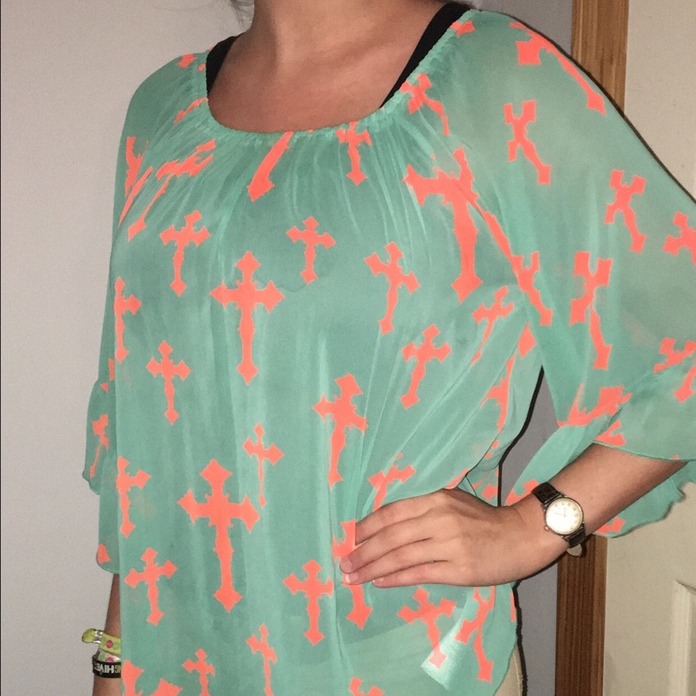 Blue and coral sheer flowy blouse