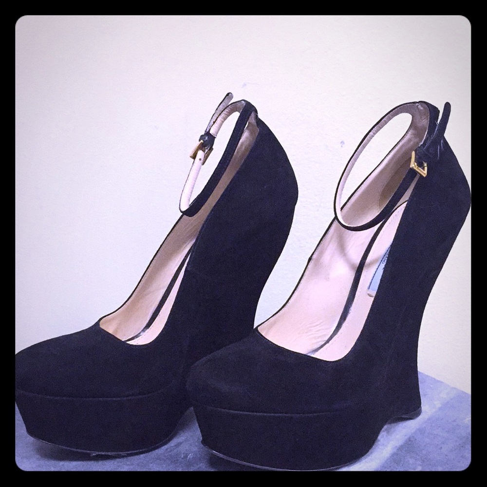 Prada Suede Ankle Strap Pumps Black Wedges 38 1/2