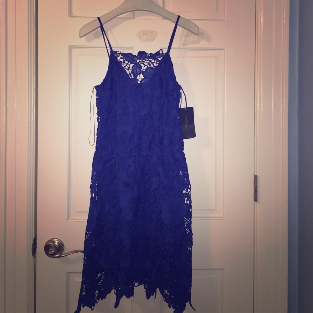 NWT Zara blue crochet guipure lace dress