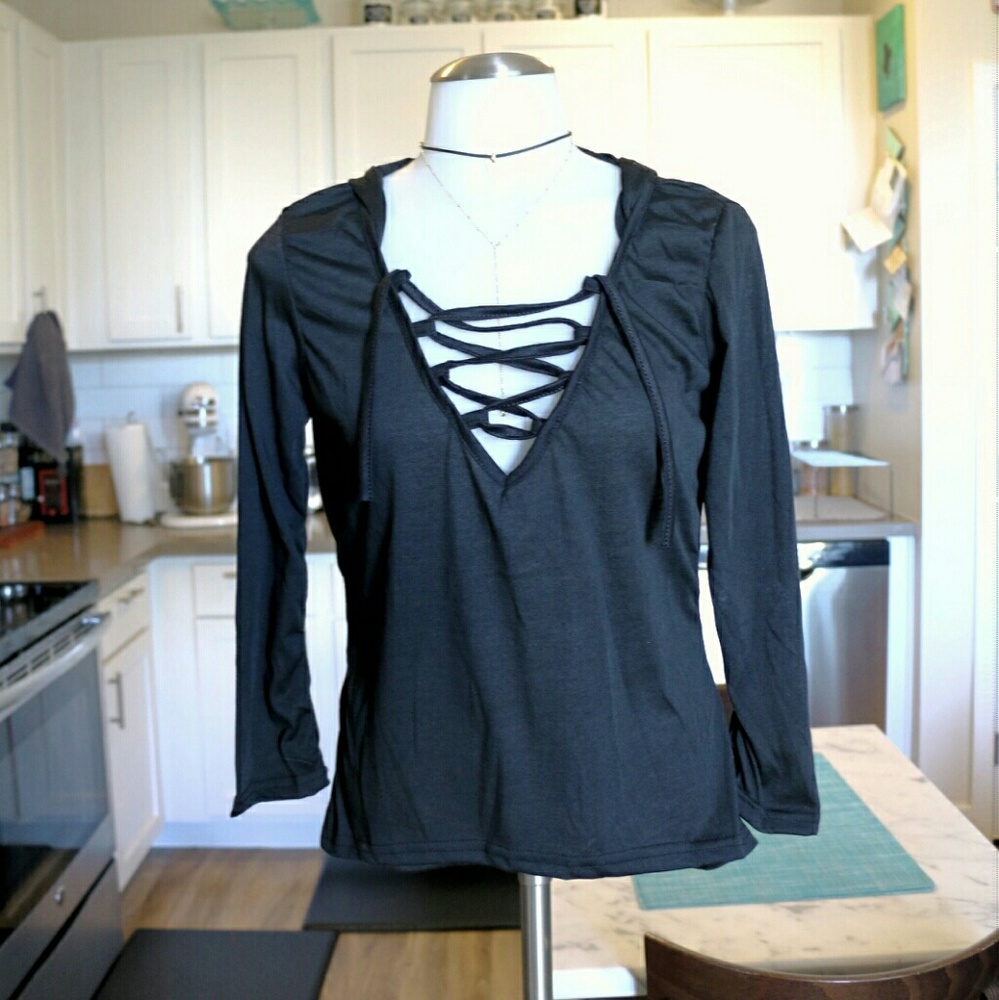 Black Lace Up Top 3/4 Sleeve Hooded Tee. - Picture 3 of 5
