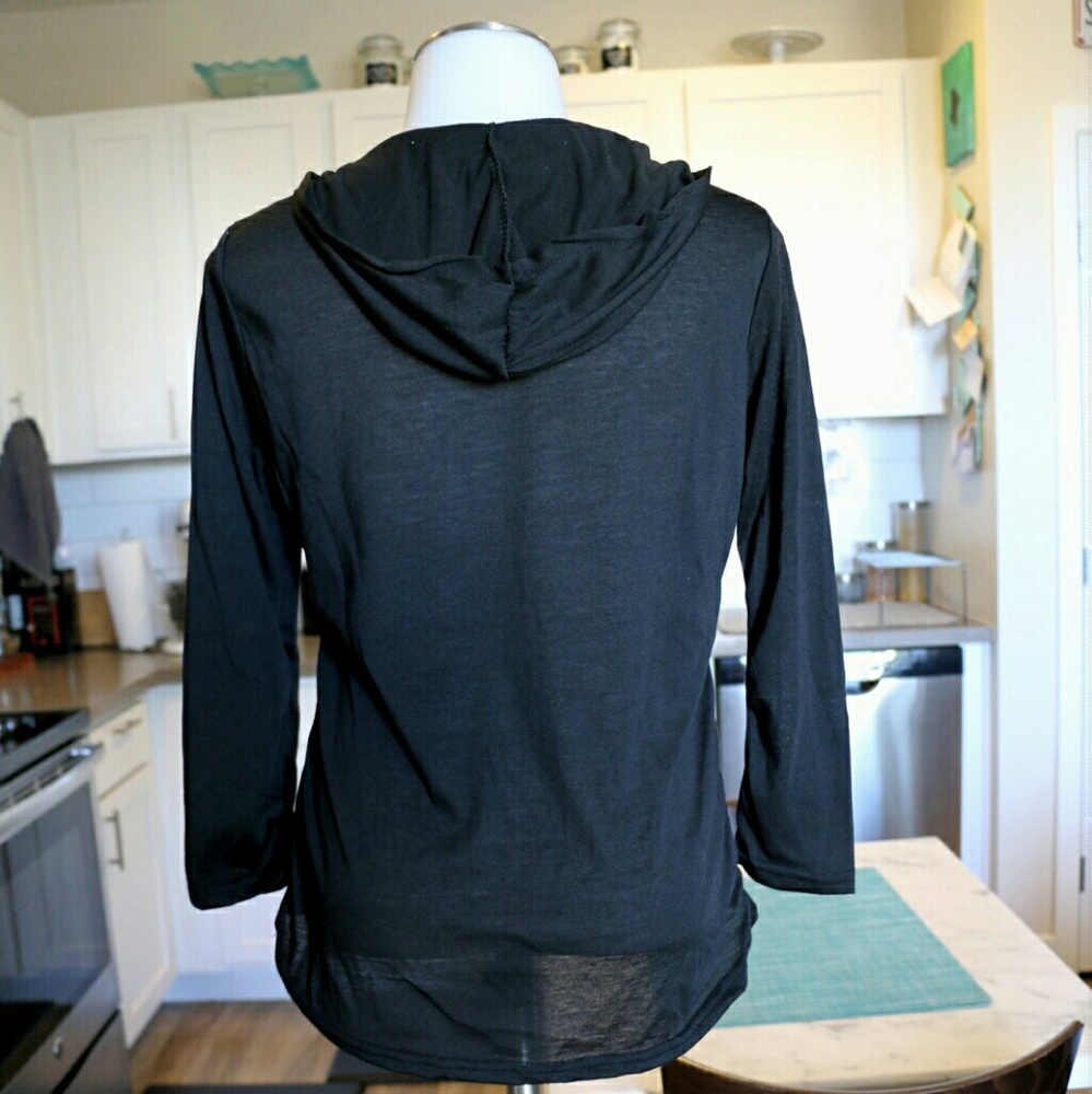 Black Lace Up Top 3/4 Sleeve Hooded Tee. - Picture 4 of 5