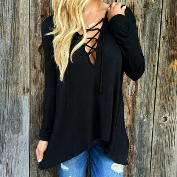 Black Lace Up Top 3/4 Sleeve Hooded Tee. - Picture 2 of 5