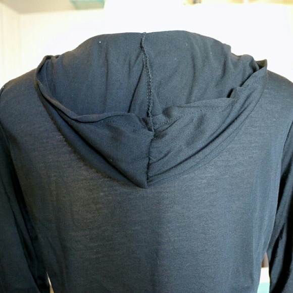 Black Lace Up Top 3/4 Sleeve Hooded Tee. - Picture 5 of 5