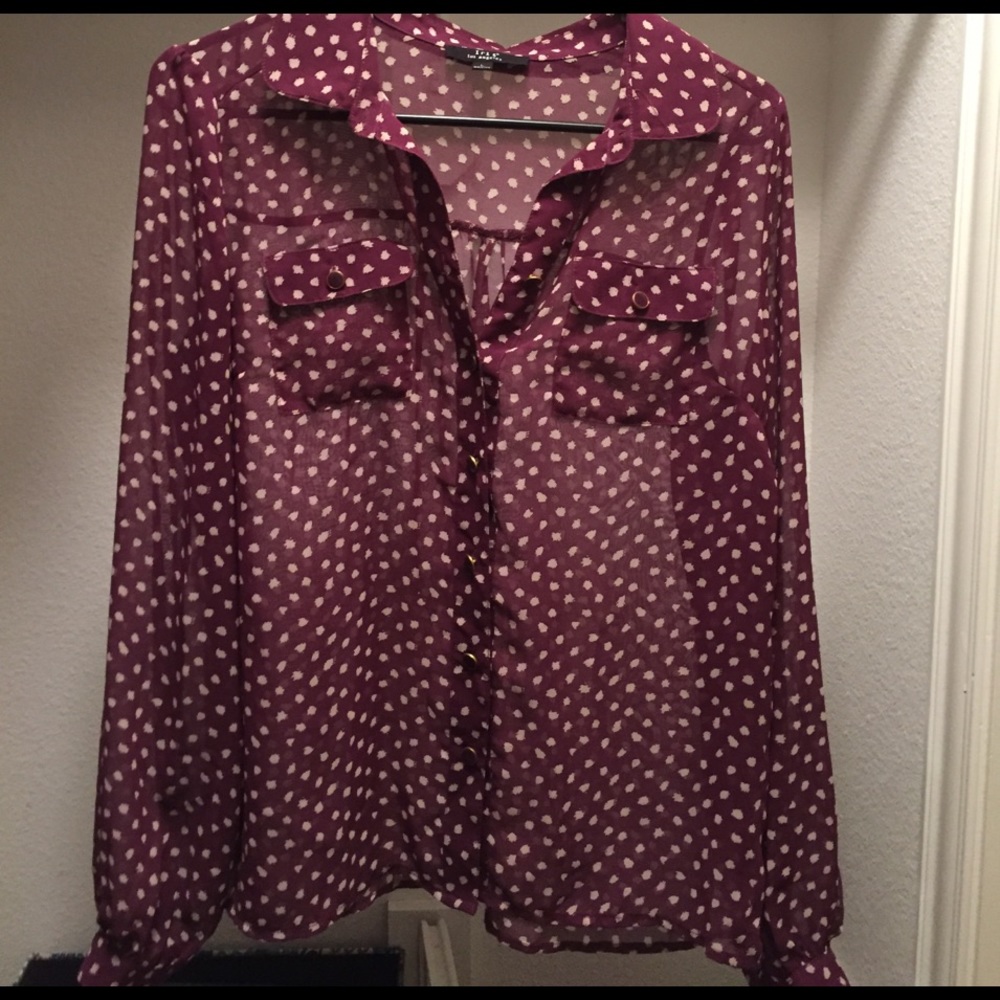 Sheer purple button down with cream polka dots