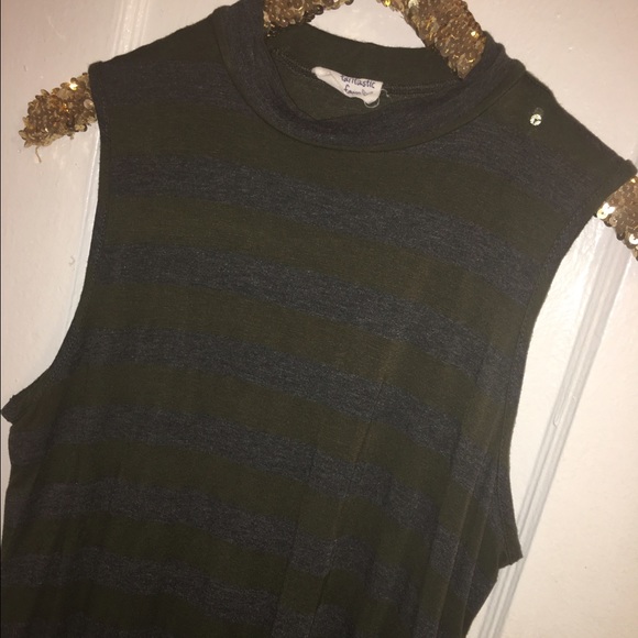 striped olive & gray mock neck tunic dress - Picture 3 of 6